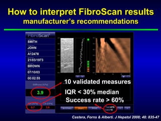 How to interpret FibroScan resultsHow to interpret FibroScan results
manufacturer’s recommendationsmanufacturer’s recommendations
Success rate > 60%
10 validated measures
IQR < 30% median
Castera, Forns & Alberti. J Hepatol 2008; 48: 835-47
 