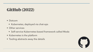 GitHub (2022)
• Dotcom


• Kubernetes, deployed via chat-ops


• Other services


• Self-service Kubernetes-based framework called Moda


• Kubernetes is the platform


• Tooling abstracts away the details
 