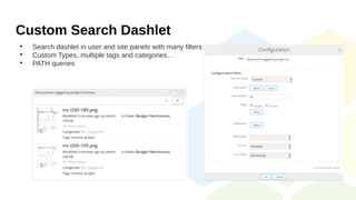 Custom Search Dashlet

Search dashlet in user and site panels with many filters

Custom Types, multiple tags and categories…

PATH queries
 