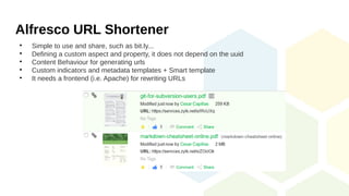 Alfresco URL Shortener

Simple to use and share, such as bit.ly...

Defining a custom aspect and property, it does not depend on the uuid

Content Behaviour for generating urls

Custom indicators and metadata templates + Smart template

It needs a frontend (i.e. Apache) for rewriting URLs
 