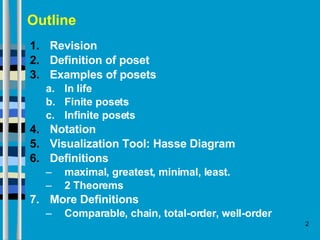 Outline Revision Definition of poset Examples of posets In life Finite posets Infinite posets Notation Visualization Tool: Hasse Diagram Definitions  maximal, greatest, minimal, least. 2 Theorems 7. More Definitions Comparable, chain, total-order, well-order 
