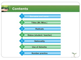 Contents

    1      Surname and name


    2       Titles (Mr./Miss.)


    3           Radicals


    4   Status (student / teacher)


    5          Nationality

    6       Use of Adverbs


    7       Number practice
 