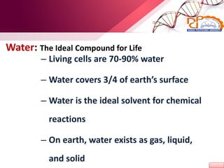 – Living cells are 70-90% water
– Water covers 3/4 of earth’s surface
– Water is the ideal solvent for chemical
reactions
– On earth, water exists as gas, liquid,
and solid
Water: The Ideal Compound for Life
 