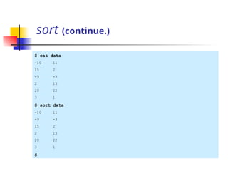sort (continue.)
$ cat data
-10 11
15 2
-9 -3
2 13
20 22
3 1
$ sort data
-10 11
-9 -3
15 2
2 13
20 22
3 1
$
 