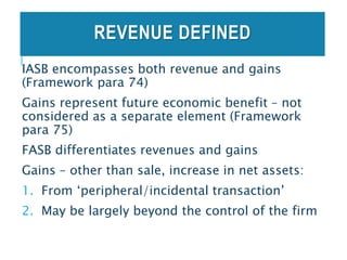 REVENUE DEFINED
IASB encompasses both revenue and gains
(Framework para 74)
Gains represent future economic benefit – not
considered as a separate element (Framework
para 75)
FASB differentiates revenues and gains
Gains – other than sale, increase in net assets:
1. From ‘peripheral/incidental transaction’
2. May be largely beyond the control of the firm
 
