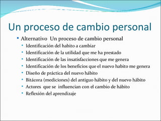 Un proceso de cambio personal Alternativo  Un proceso de cambio personal Identificación del habito a cambiar Identificación de la utilidad que me ha prestado Identificación de las insatisfacciones que me genera Identificación de los beneficios que el nuevo habito me genera Diseño de práctica del nuevo hábito Bitácora (mediciones) del antiguo hábito y del nuevo hábito Actores  que se  influencian con el cambio de hábito Reflexión del aprendizaje 