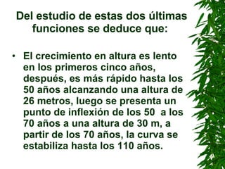 Del estudio de estas dos últimas funciones se deduce que:  El crecimiento en altura es lento en los primeros cinco años, después, es más rápido hasta los 50 años alcanzando una altura de 26 metros, luego se presenta un punto de inflexión de los 50  a los 70 años a una altura de 30 m, a partir de los 70 años, la curva se estabiliza hasta los 110 años. 