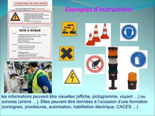 les informations peuvent être visuelles (affiche, pictogramme, voyant …) ou
sonores (sirène …). Elles peuvent être données à l’occasion d’une formation
(consignes, procédures, autorisation, habilitation électrique, CACES …)
 
