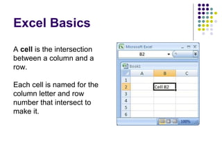 Excel Basics A  cell  is the intersection between a column and a row.  Each cell is named for the column letter and row number that intersect to make it. 