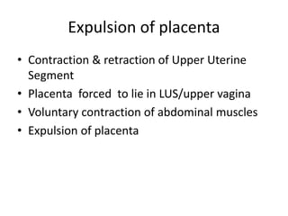 Expulsion of placenta
• Contraction & retraction of Upper Uterine
Segment
• Placenta forced to lie in LUS/upper vagina
• Voluntary contraction of abdominal muscles
• Expulsion of placenta
 