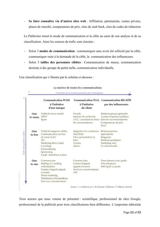 Page 23 of 55
- Se faire connaître via d’autres sites web : Affiliation, partenariats, ventes privées,
places de marché, comparateurs de prix, sites de cash back, sites de codes de réduction
Le Publicitor remet le mode de communication et la cible au cœur de son analyse et de sa
classification. Ainsi les sources de trafic sont classées :
- Selon 3 modes de communication : communiquer sans avoir été sollicité par la cible,
communiquer suite à la demande de la cible, la communication des influenceurs.
- Selon 3 tailles des personnes ciblées : Communication de masse, communication
destinée à des groupe de petite taille, communication individuelle.
Une classification qui s’illustre par le schéma ci-dessous :
Trois acteurs que nous venons de présenter : scientifique, professionnel de chez Google,
professionnel de la publicité pour trois classifications bien différentes. L’empreinte éditoriale
 