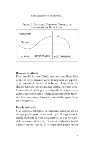 9
9
Estrés académico en los alumnos...
Figura I. Fases del Síndrome General de
adaptación de Hans Seyle.
Reacción de Alarma
En su estudio Barraza (2004), menciona que Hans Selye
define el estrés orgánico como la respuesta no específi-
ca del cuerpo a la acción del ambiente. El organismo lu-
cha por funcionar de una manera estable, mientras se ha-
lla sometido al estrés, pero para hacerlo tiene que desen-
cadenar reacciones que a la larga funcionan como reacti-
vas. Estas reacciones, finamente, son dañinas para el sis-
tema en general.
Fase de resistencia
Si el estímulo estresante, se mantiene actuando en un
tiempo prolongado, es necesario que el organismo se
adapte mediante la etapa de resistencia, ya que no es po-
sible mantener el intenso estado de activación inicial
durante mucho tiempo. Si el organismo puede resistir
 