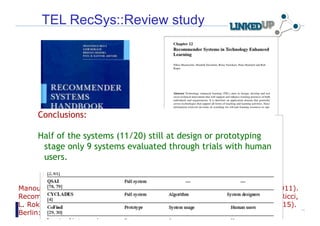  

      TEL RecSys::Review study




     Conclusions:

     Half of the systems (11/20) still at design or prototyping
      stage only 9 systems evaluated through trials with human
      users.


Manouselis, N., Drachsler, H., Vuorikari, R., Hummel, H. G. K., & Koper, R. (2011).
Recommender Systems in Technology Enhanced Learning. In P. B. Kantor, F. Ricci,
L. Rokach, & B. Shapira (Eds.), Recommender Systems Handbook (pp. 387-415).
Berlin: Springer.                                                          4
 