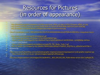 Resources for Pictures (in order of appearance) Cause and Effect 1. http://idunitsspring2010.wikispaces.com/file/view/cause_effect_pic.jpg/124701273/cause_effect_pic.jpg 2. http://www.covershut.com/cd_covers/Cloudy-With-A-Chance-Of-Meat-Balls-2009-Cd-Cover-4550.jpg 3. http://scrapetv.com/News/News%20Pages/usa/images-5/paul-bunyan.jpg 4. http://1.bp.blogspot.com/_CI8E2jehHCk/Sa1J2knPr2I/AAAAAAAAAKk/aJuU0TRiRv4/s400/Why+mosquitoes+buzz+in+peoples+ears.jpg Compare and Contrast 5. http://dana.ucc.nau.edu/asg29/venndiagram.gif 6.  http://photo.goodreads.com/books/1223633060l/985507.jpg 7.  http://t1.gstatic.com/images?q=tbn:ANd9GcRTtqCs7oGtvA-de0zNmzX-fohf4fVS9A0r_rIy5Q0bK8g-nKDnkw Proposition and Support 8.  http://i.infopls.com/images/tv/printables/concepts/PS_TRL_Study_Tools_5.gif 9. http://t2.gstatic.com/images?q=tbn:ANd9GcTBVlH2UtoK1BsFpaTnYfqMIUt_zPQ37kU-a_uiIEai3sCwcUVT&t=1 Sequencing 10. http://www.havefunteaching.com/worksheets/graphic-organizers/sequencing/sequence-cycle-graphic-organizer.jpg 11. http://www.tenafly.k12.nj.us/~abrown/images/napping%20house.jpg 12. http://ecx.images-amazon.com/images/I/61UaU8nXh1L._BO2,204,203,200_PIsitb-sticker-arrow-click,TopRight,35,-76_AA300_SH20_OU01_.jpg 