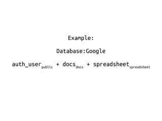 Example: 
Database:Google 
auth_userpublic + docsdocs + spreadsheetspreadsheet 
 