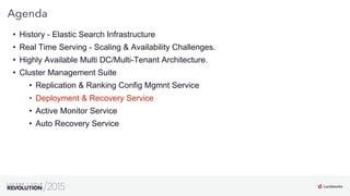 28
01
Agenda
•  History - Elastic Search Infrastructure
•  Real Time Serving - Scaling & Availability Challenges.
•  Highly Available Multi DC/Multi-Tenant Architecture.
•  Cluster Management Suite
•  Replication & Ranking Config Mgmnt Service
•  Deployment & Recovery Service
•  Active Monitor Service
•  Auto Recovery Service
 