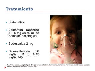  Sintomático
 Epinefrina racémica
3 – 6 mg en 10 ml de
Solución Fisiológica.
 Budesonida 2 mg
 Dexametasona 0.6
mg/kg IM o 0.15
mg/kg VO.
M.L. Arroba Basanta; Laringitis Aguda (Croup); Servicio de Pediatría. Centro de Salud el Naranjo. Fuenlabrada. Madrid. España; Anales de
Pediatría, Monografías; Barcelona 2003;1(1):55-61
 