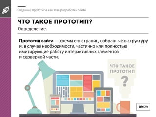 09/29
Создание прототипа как этап разработки сайта
Что такое прототип?
Определение
Прототип сайта — схемы его страниц, собранные в структуру
и, в случае необходимости, частично или полностью
имитирующие работу интерактивных элементов
и серверной части.
Что такое
прототип
?
 