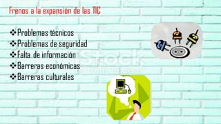 Frenos a la expansión de las TIC
❖Problemas técnicos
❖Problemas de seguridad
❖Falta de información
❖Barreras económicas
❖Barreras culturales
 