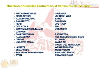FIAT AUTOMOBILES BIRRA PERONI ILLVA DISARONNO  RAMAZZOTTI PEPSI COCA COLA MARTINI & ROSSI (Bacardi) CAMPARI  SANPELLEGRINO F.LLI AVERNA DIBEVIT UNILEVER ITALIA LAVAZZA SEGAFREDO TAM - Linee Aeree Brasiliane AVON Nuestros principales Partners en el transcurso de los a ños …. GALLAHER  JOHNSON WAX BAYER  SAMSUNG JVC ITALIA TIM VODAFONE RADIO ZETA RDS Radio Dimensione Suono ALL MUSIC LAUDA AIR VIAGGI DEL VENTAGLIO WESTERN UNION MONEY GRAM BANCO DO BRASIL POLAROID ITALIA 