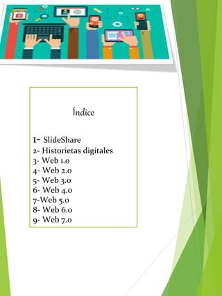 Índice
1- SlideShare
2- Historietas digitales
3- Web 1.0
4- Web 2.0
5- Web 3.0
6- Web 4.0
7-Web 5.0
8- Web 6.0
9- Web 7.0
 