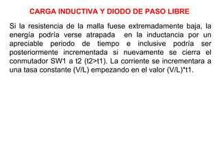 CARGA INDUCTIVA Y DIODO DE PASO LIBRE Si la resistencia de la malla fuese extremadamente baja, la energía podría verse atrapada  en la inductancia por un apreciable periodo de tiempo e inclusive podría ser posteriormente incrementada si nuevamente se cierra el conmutador SW1 a t2 (t2>t1). La corriente se incrementara a una tasa constante (V/L) empezando en el valor (V/L)*t1.  