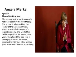 Angela Merkel
Age: 59
Chancellor, Germany
Merkel may be the most successful
national leader in the world today.
She is, practically speaking, the
leader of the European Union,
which as a whole is the world's
largest economy, and Merkel has
held that position for almost nine
years. She played the lead role in
managing Europe's debt crisis,
keeping the EU intact while setting
even Greece on the road to recovery
 