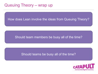 Queuing Theory – wrap up 
How does Lean involve the ideas from Queuing Theory? 
Should team members be busy all of the time? 
Should teams be busy all of the time? 
 