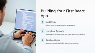 Building Your First React
App
1 Start Simple
Build a to-do list, weather app, or calculator.
2 Learn Core Concepts
Understand components, props, state, and event handling.
3 Gain Confidence
Hands-on experience builds skills and a portfolio.
 