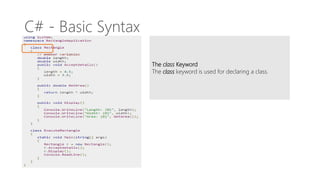 C# - Basic Syntax
The class Keyword
The class keyword is used for declaring a class.
 