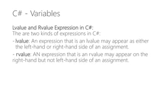 C# - Variables
Lvalue and Rvalue Expression in C#:
The are two kinds of expressions in C#:
- lvalue: An expression that is an lvalue may appear as either
the left-hand or right-hand side of an assignment.
- rvalue: AN expression that is an rvalue may appear on the
right-hand but not left-hand side of an assignment.
 