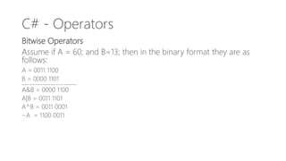 C# - Operators
Bitwise Operators
Assume if A = 60; and B=13; then in the binary format they are as
follows:
A = 0011 1100
B = 0000 1101
---------------------
A&B = 0000 1100
A|B = 0011 1101
A^B = 0011 0001
~A = 1100 0011
 