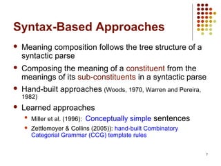 7
Syntax-Based Approaches
 Meaning composition follows the tree structure of a
syntactic parse
 Composing the meaning of a constituent from the
meanings of its sub-constituents in a syntactic parse
 Hand-built approaches (Woods, 1970, Warren and Pereira,
1982)
 Learned approaches
 Miller et al. (1996): Conceptually simple sentences
 Zettlemoyer & Collins (2005)): hand-built Combinatory
Categorial Grammar (CCG) template rules
 