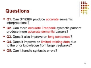 73
Questions
 Q1. Can SYNSEM produce accurate semantic
interpretations?
 Q2. Can more accurate Treebank syntactic parsers
produce more accurate semantic parsers?
 Q3. Does it also improve on long sentences?
 Q4. Does it improve on limited training data due
to the prior knowledge from large treebanks?
 Q5. Can it handle syntactic errors?
 