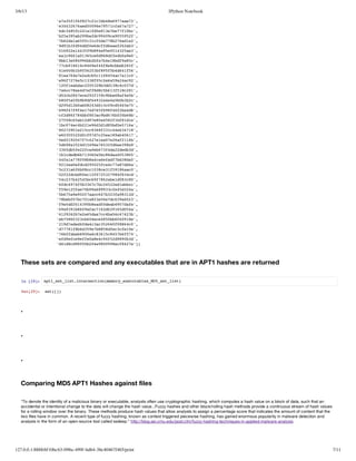 3/6/13                                                                           IPython Notebook

                     '73fff2c11b867ae2,
                      ea516872cb4e97a7'
                     '3427ad09e97ca777,
                      e4366e506751f6a2'
                     'd38f211de1eb7f0c,
                      6c45c4af5937e71b'
                     '2a9a29ad949a055f,
                      b535b9bfc90c9592'
                     'b2aa5f3c5a7b7a12,
                      76d16fc15d7826de'
                     'd13d4d66cf6af6e3,
                      99bf9dfedfdee22b'
                     '1921459849e542a3,
                      062a43fb9a50135e'
                     'ac61035ed6df4090,
                      e196a16c098febae'
                     'b1e896bbabe8d98c,
                      8b3049b2f741bfa5'
                     '7b16686e4fecb66f,
                      7c981c49f488bd25'
                     '10019523f9fbd4f6,
                      4e0bbf65b8554615'
                     '1a6eeac51644ca10,
                      8e74724bc185a71c'
                     '9f26513f5265a4c2,
                      e677ec380cea92a9'
                     '2feba20383d3cc3d,
                      101adc252bd18407'
                     'ac7e47f885635821,
                      76c8edefdcb1f1c8'
                     '5c24ee9f5cba8feb,
                      d2b87c22199b6a45'
                     '8faf99f43aeabbbc,
                      6055bbd692445032'
                     '251ba023f30c56e5,
                      d9d20b84dcc9d457'
                     '9f7941475684fb46,
                      684ffe7d6f9f62ad'
                     'fd674b83cb66f66b,
                      c28f8bf0a9d7bfb8'
                     '75c5b29e048fb8de,
                      2586a1d78a521f11'
                     'b04cb2e6318b551a,
                      1c7e4219ddd5de76'
                     '079125c38314e378,
                      8220e1c96f3c4641'
                     '6352dc9dc5a8a467,
                      e005fff772e19b01'
                     'e39077471a72a21b,
                      0d124fc2ee0e6f16'
                     'd9a54146752de389,
                      56832d59e63f6e9a'
                     '35bf2fae634a2ebd,
                      36d5e2c0b7fd2dd3'
                     'bcebb1005c6a4585,
                      11dd6736ab8da036'
                     '4aa7f884aeafb3d5,
                      4f1780bac6fd7d8a'
                     '22aedd905c47a7da,
                      91e0fc252fac78d4'
                     'c3afb8c08e1516a0,
                      521660c13c3f98ac'
                     '22db9e1f7529484d,
                      0f2cdfc202378f3c'
                     '427455c976aed8c0,
                      5c3b24b6f82b1038'
                     'fc94536cb252debc,
                      6d47fb377c42e1bc'
                     '5e2fe09a893f4d2a,
                      f915a7b9693ce534'
                     'b7ae0fac6733a81d,
                      5659927ac4b2f932'
                     '8ef7c0a2e67c3a03,
                      7bb0b71835ed6962'
                     '95d049bed0eb97ae,
                      fed31308a5da40df'
                     '999b69fc12696d5a,
                      6a318faa76d21504'
                     '196bea5a7cb5c72b,
                      6222726dac4a6443'
                     'b5633b0ee80b001e,
                      e7802c64c45b6498'
                     '1dee4d43c5600840,
                      297ddfaca326f86c'
                     '7718639785de3f1e,
                      d78fbd5eb88fcce0'
                     '6fae60ac31c476f4,
                      7bfbb90686585bf7'
                     'f9feef0849f299bd,
                      edec9feaec45d803'
                     '4dc9f0249098c82e]
                      d18d80b0e809ef47')



   These sets are compared and any executables that are in APT1 hashes are returned

   I [9: at_e_ititreto(eoyeeualsM5stls)
    n 2]  p1stls.nescinmmr_xctbe_D_e_it

   Ot2] st[)
    u[9: e(]



   .


   .


   .


   Comparing MD5 APT1 Hashes against files

   "To denote the identity of a malicious binary or executable, analysts often use cryptographic hashing, which computes a hash value on a block of data, such that an
   accidental or intentional change to the data will change the hash value...Fuzzy hashes and other block/rolling hash methods provide a continuous stream of hash values
   for a rolling window over the binary. These methods produce hash values that allow analysts to assign a percentage score that indicates the amount of content that the
   two files have in common. A recent type of fuzzy hashing, known as context triggered piecewise hashing, has gained enormous popularity in malware detection and
   analysis in the form of an open-source tool called ssdeep." http://blog.sei.cmu.edu/post.cfm/fuzzy-hashing-techniques-in-applied-malware-analysis




127.0.0.1:8888/6f10bc63-098a-499f-bd64-38e40467f465/print                                                                                                                   7/11
 