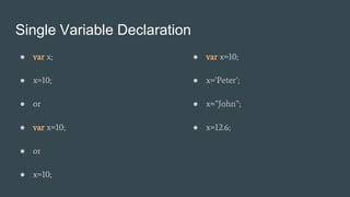 Single Variable Declaration
● var x;
● x=10;
● or
● var x=10;
● or
● x=10;
● var x=10;
● x=’Peter’;
● x=”John”;
● x=12.6;
 