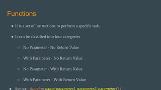 Functions
● It is a set of instructions to perform a specific task.
● It can be classified into four categories.
○ No Parameter - No Return Value
○ With Parameter - No Return Value
○ No Parameter - With Return Value
○ With Parameter - With Return Value
 