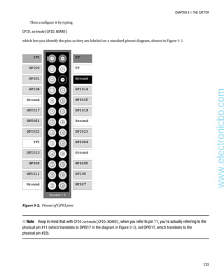 Chapter 9 ■ The Cat Toy
131
Then configure it by typing
 
GPIO.setmode(GPIO.BOARD)
 
which lets you identify the pins as they are labeled on a standard pinout diagram, shown in Figure 9-2.
Figure 9-2.  Pinout of GPIO pins
Note
■
■   Keep in mind that with GPIO.setmode(GPIO.BOARD), when you refer to pin 11, you’re actually referring to the
physical pin #11 (which translates to GPIO17 in the diagram in Figure 9-2), not GPIO11, which translates to the
physical pin #23).
www.electronicbo.com
 