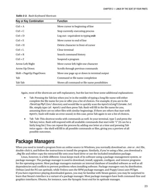 Chapter 2 ■ Linux by the Seat of Your Pants
23
Again, most of the shortcuts are self-explanatory, but the last two bear some additional explanations:
•	 Tab: Pressing the Tab key when you’re in the middle of typing a long file name will either
complete the file name for you or offer you a list of choices. For example, if you are in the
/Desktop/MyFiles/ directory and would like to quickly scan the myextralongfilename.txt
file, simply type cat myextr and then press Tab. Bash will fill in the file name for you,
assuming there are no other files with similar beginnings. If there are others that start with
myextr, bash will make an error sound; in this case, press Tab again to see a list of choices.
•	 Tab Tab: This shortcut works with commands as well. In your terminal, type l and press the
Tab key twice. Bash will respond with all available commands that start with “l.” (It can be a
fairly long list.) You can repeat the process by adding one letter at a time and pressing Tab
twice again—the shell will fill in all possible commands or files, giving you a preview of all
possible outcomes.
Package Managers
When you need to install a program from an online source in Windows, you normally download an .exe or .msi file,
double-click it, and follow the instructions to install the program. Similarly, if you’re using a Mac, you download a
.dmg file and either copy the extracted file onto your hard drive or use the included installation package.
Linux, however, is a little different. Linux keeps track of its software using a package-management system, or
package manager. The package manager is used to download, install, upgrade, configure, and remove programs
for the operating system. Most package managers maintain an internal database of installed software as well as all
dependencies and conflicts to prevent problems when installing software. Package managers vary by distribution.
Debian (and the Pi) use aptitude, while Fedora uses the RPM package manager, and Puppy Linux uses PETget.
If you have experience playing downloaded games, you may be familiar with Steam games; you may be surprised to
learn that Steam’s interface is a variant of a package manager. Most package managers have both command-line and
graphics interfaces. Ubuntu, for instance, uses the Synaptic front end for its aptitude manager.
Table 2-2.  Bash Keyboard Shortcuts
Key or Key Combination Function
Ctrl + A Move cursor to beginning of line
Ctrl + C Stop currently-executing process
Ctrl + D Log out—equivalent to typing exit
Ctrl + E Move cursor to end of line
Ctrl + H Delete character in front of cursor
Ctrl + L Clear terminal
Ctrl + R Search command history
Ctrl + Z Suspend a program
Arrow Left/Right Move cursor left/right one character
Arrow Up/Down Scrolls through previous commands
Shift + PageUp/PageDown Move one page up or down in terminal output
Tab Command or file name completion
Tab Tab Shows all command or file name possibilities
 