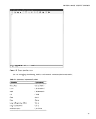 Chapter 2 ■ Linux by the Seat of Your Pants
27
You can start typing immediately. Table 2-3 lists the most common commands in emacs.
Figure 2-5.  Emacs opening screen
Table 2-3.  Common Commands in emacs
Command Keystroke(s)
Open/New Ctrl+x + Ctrl+f
Close Ctrl+x + Ctrl+c
Save Ctrl+x + Ctrl+s
Cut Ctrl+w
Copy Alt+w
Paste Ctrl+y
Jump to beginning of line Ctrl+a
Jump to end of line Ctrl+e
Start/end select Ctrl+space
 
