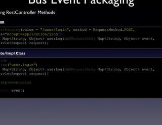 Bus Event Packaging	

ing RestController Methods	

ace	


estMapping(value = /user/login, method = RequestMethod.POST,
rs=Accept=application/json)
c MapString, Object userLogin(@RequestBody MapString, Object event,
ervletRequest request);

ete/Impl Class	

ride
king(user.login)
c MapString, Object userLogin(@RequestBody MapString, Object event,
ervletRequest request){

/Implementation

eturn event;
 