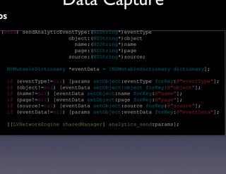 Data Capture	

OS	


 (void) sendAnalyticEventType:(NSString*)eventType
                       object:(NSString*)object
                         name:(NSString*)name
                         page:(NSString*)page
                       source:(NSString*)source;

    NSMutableDictionary *eventData = [NSMutableDictionary dictionary];

    if   (eventType!=nil) [params setObject:eventType forKey:@eventType];
    if   (object!=nil) [eventData setObject:object forKey:@object];
    if   (name!=nil) [eventData setObject:name forKey:@name];
    if   (page!=nil) [eventData setObject:page forKey:@page];
    if   (source!=nil) [eventData setObject:source forKey:@source];
    if   (eventData!=nil) [params setObject:eventData forKey:@eventData];

    [[LVNetworkEngine sharedManager] analytics_send:params];
 