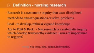 Definition - nursing research
• Research is a systematic inquiry that uses disciplined
methods to answer questions or solve problems
• Goal - to develop, refine & expand knowledge
• Acc to Polit & Beck : - Nsg research is a systematic inquiry
which develop trustworthy evidence issues of importance
to nsg prof.
Nsg .prac, edu., admin, informatics.
 