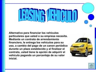 Alternativa para financiar los vehículos particulares que usted o su empresa necesita. Mediante un contrato de arrendamiento financiero, le entrega los vehículos para su uso, a cambio del pago de un canon periódico durante un plazo establecido y al finalizar el contrato, usted tiene la opción de adquirir el vehículo pagando un porcentaje de su valor inicial.  LEASING  VEHICULO 
