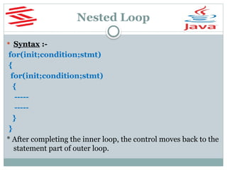 Nested Loop
 Syntax :-
for(init;condition;stmt)
{
for(init;condition;stmt)
{
-----
-----
}
}
* After completing the inner loop, the control moves back to the
statement part of outer loop.
 
