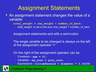 Assignment Statements
 An assignment statement changes the value of a
  variable
   total_weight = one_weight + number_of_bars;
      total_weight is set to the sum one_weight + number_of_bars

   Assignment statements end with a semi-colon

   The single variable to be changed is always on the left
    of the assignment operator ‘=‘

   On the right of the assignment operator can be
      Constants – age = 21;
      Variables -- my_cost = your_cost;
      Expressions – circumference = diameter * 3.14159;

   Computer Programming I                                      11
 