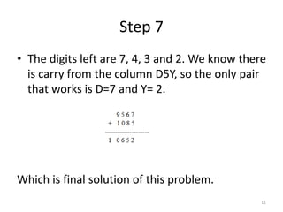 Step 7
• The digits left are 7, 4, 3 and 2. We know there
is carry from the column D5Y, so the only pair
that works is D=7 and Y= 2.
Which is final solution of this problem.
11
 