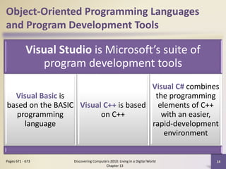 Object-Oriented Programming Languages
and Program Development Tools
Visual Studio is Microsoft’s suite of
program development tools
Visual Basic is
based on the BASIC
programming
language
Visual C++ is based
on C++
Visual C# combines
the programming
elements of C++
with an easier,
rapid-development
environment
Discovering Computers 2010: Living in a Digital World
Chapter 13
14Pages 671 - 673
 
