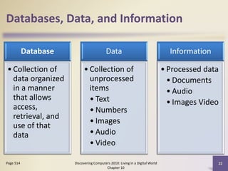 Databases, Data, and Information
Database
• Collection of
data organized
in a manner
that allows
access,
retrieval, and
use of that
data
Data
• Collection of
unprocessed
items
• Text
• Numbers
• Images
• Audio
• Video
Information
• Processed data
• Documents
• Audio
• Images Video
Discovering Computers 2010: Living in a Digital World
Chapter 10
22Page 514
 