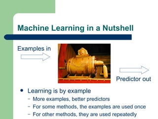 Machine Learning in a Nutshell Examples in Predictor out Learning is by example More examples, better predictors For some methods, the examples are used once For other methods, they are used repeatedly 